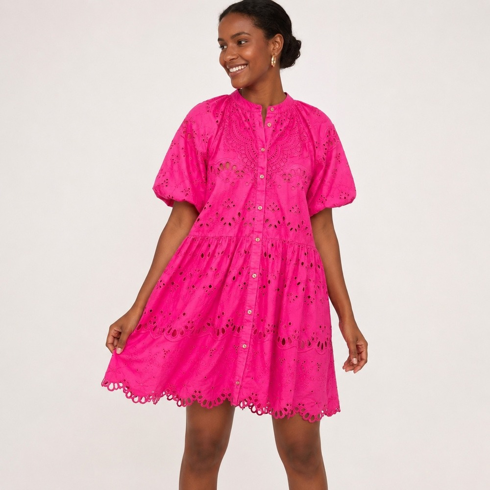 Anthropologie Hot Pink Eyelet Mini Dress